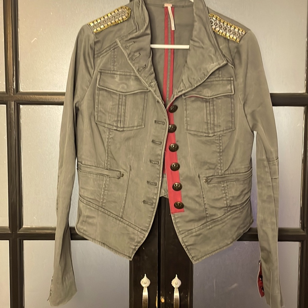Free People Gray Military-Style Blazer with Studded Shoulders